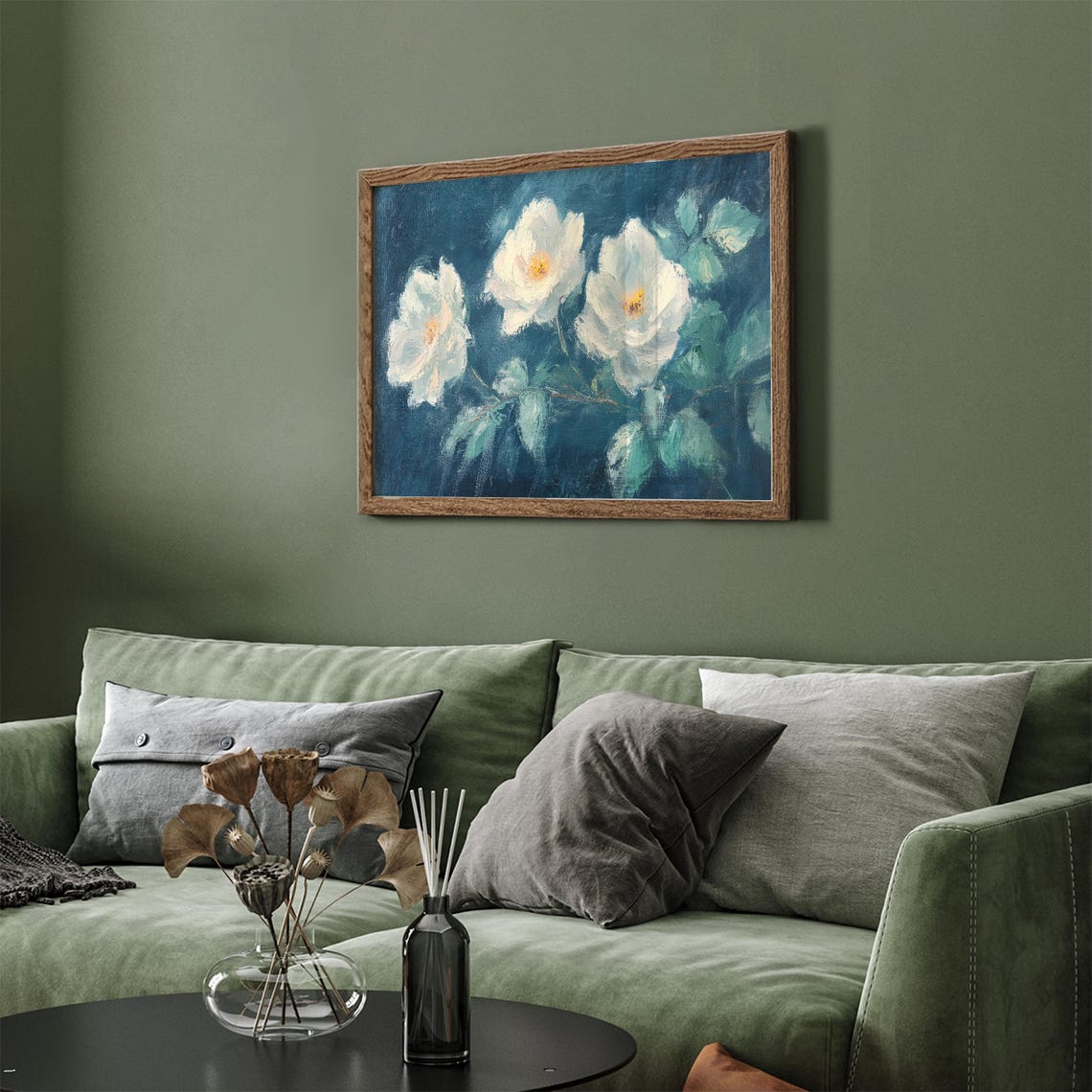 White Roses Golden Centers Teal Background Moody Vintage Oil Print - Image 3
