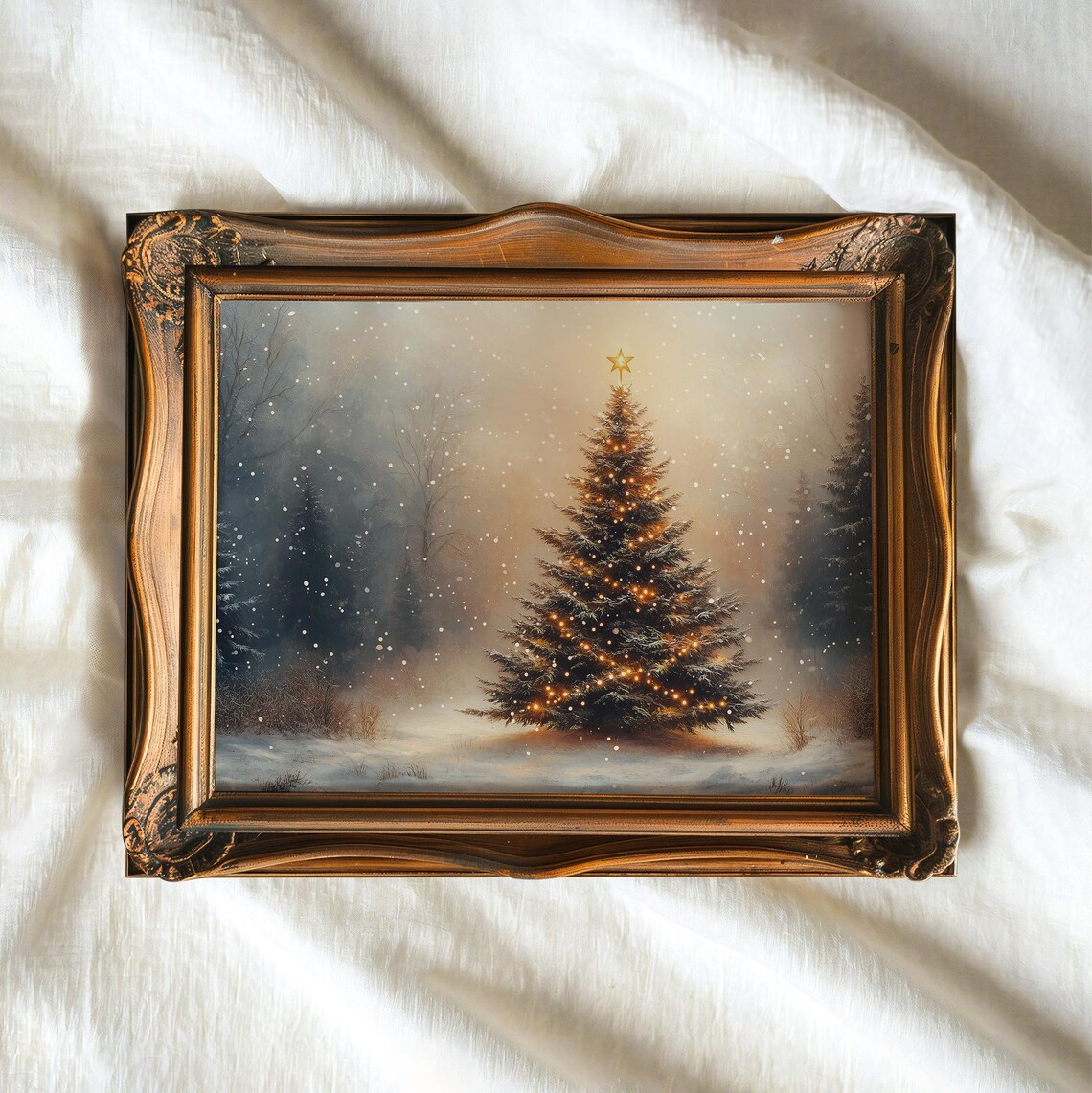 Lit Christmas Tree In Snowy Forest Vintage Holiday Painting Art Poster - Image 3