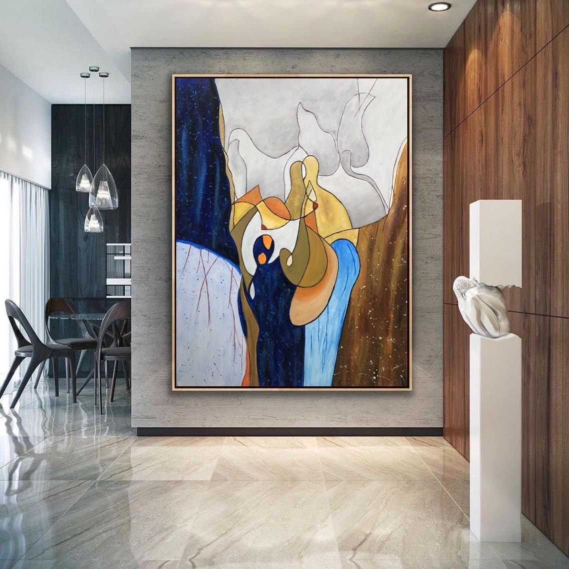 Warm Gold Blue Organic Forms Modern Abstract Painting Poster