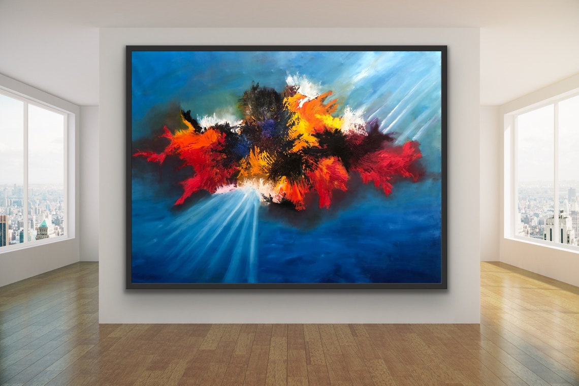 Red Fire Burst on Deep Blue Abstract Dramatic Light Rays Energy Poster