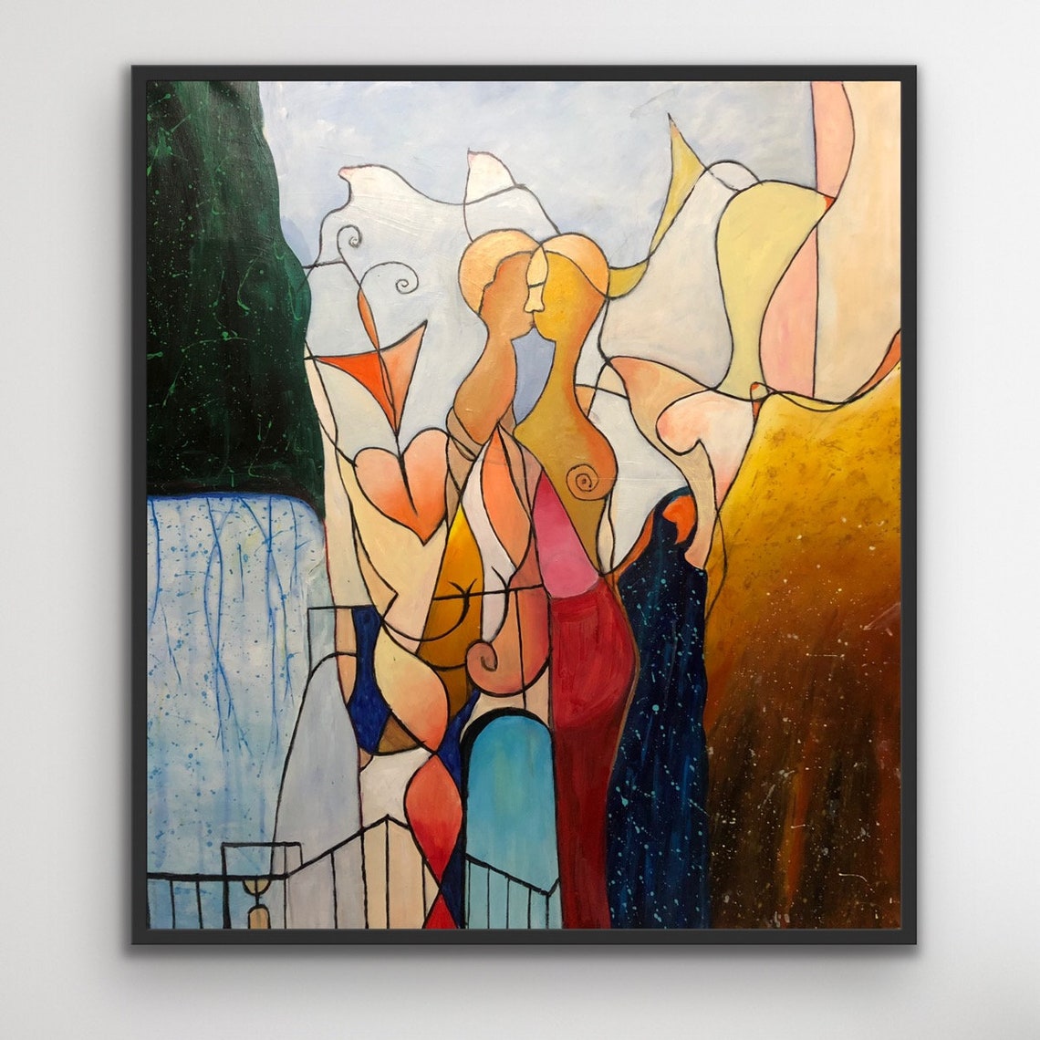 Lovers Abstract Couple Kissing by Waterfall Warm Tones Poster - Image 2