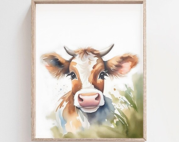 Sweet Brown Cow Face Close-Up Watercolor Farm Animal Nursery Poster