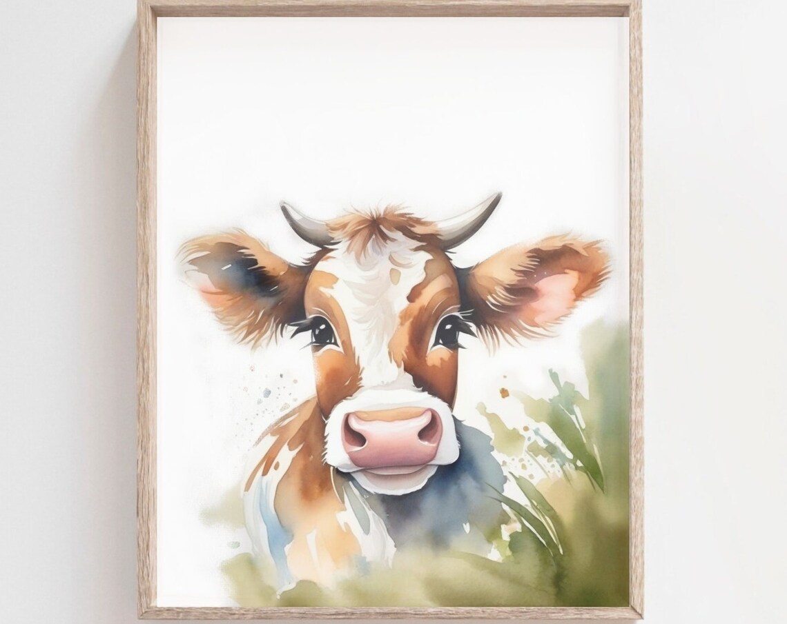 Sweet Brown Cow Face Close-Up Watercolor Farm Animal Nursery Poster