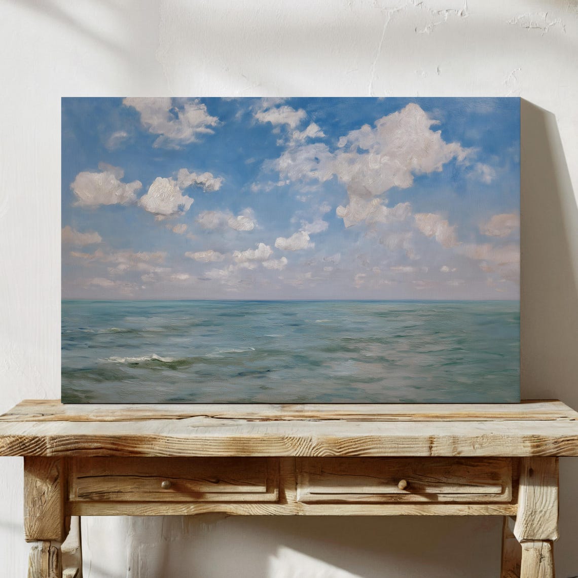 Calm Ocean Horizon With White Clouds Vintage Oil Painting Style Poster