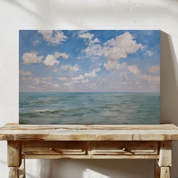 Calm Ocean Horizon With White Clouds Vintage Oil Painting Style Poster