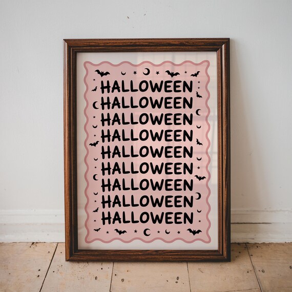 Halloween Repeated Typography Pink Bats Moons Stars Cute Spooky Wall Poster