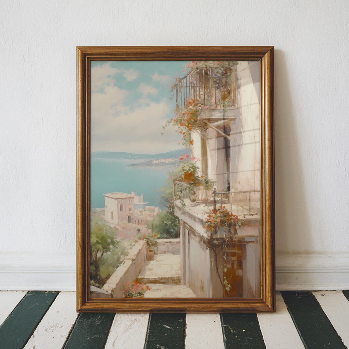 Mediterranean Floral Balcony Amalfi Seaside Hillside Watercolor Poster