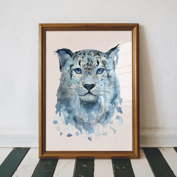 Snow Leopard Watercolor Wall Art Print Wildlife Animal Painting Blue Home Decor New Gifts Bathroom