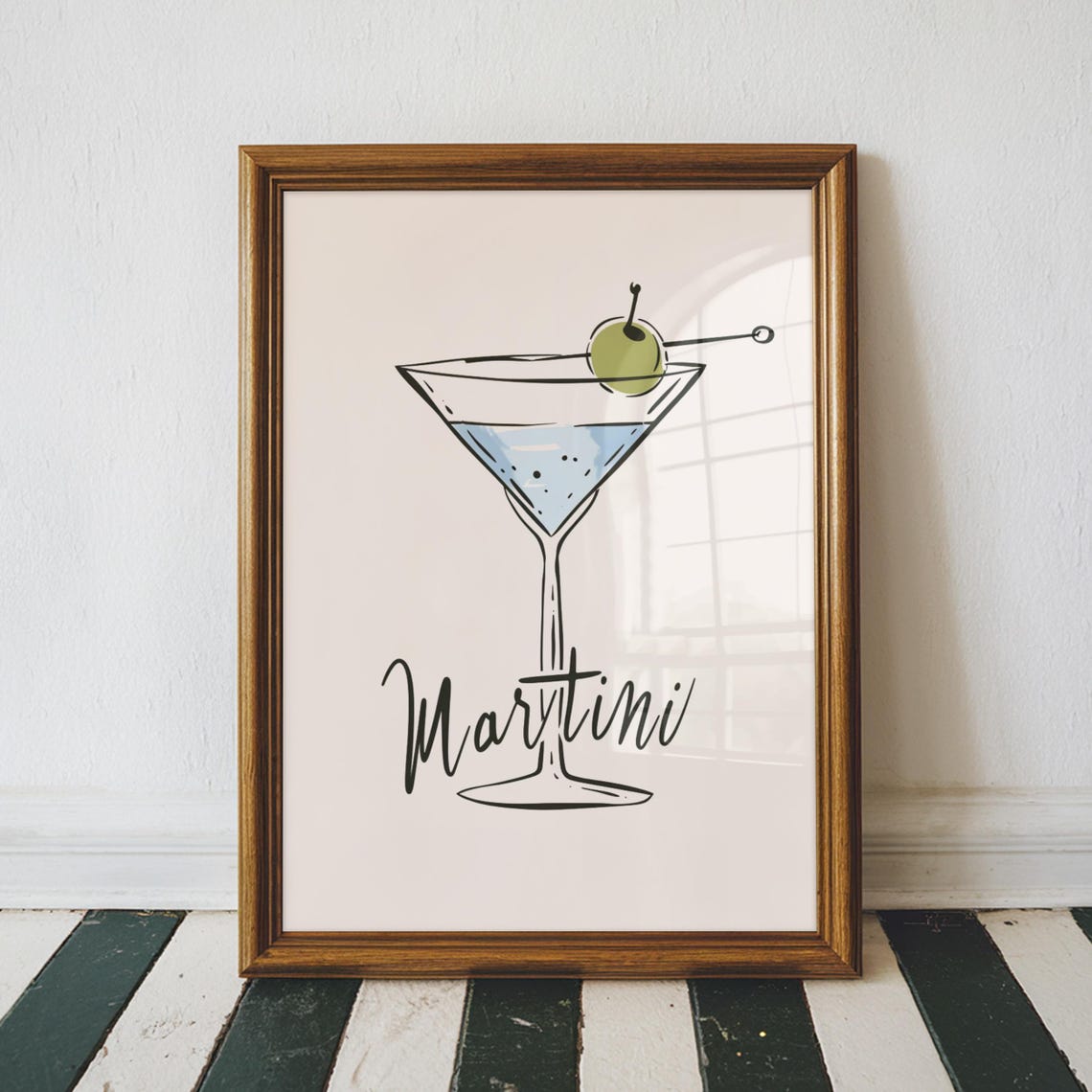 Martini Script Cocktail Glass Olive Elegant Minimal Bar Poster