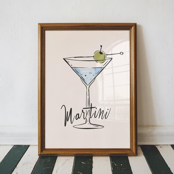 Martini Script Cocktail Glass Olive Elegant Minimal Bar Poster