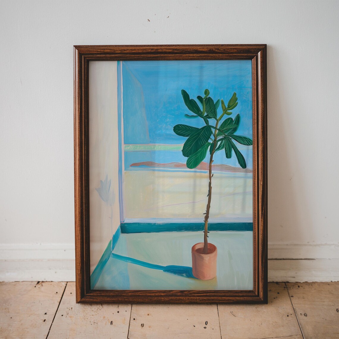 Potted Fig Tree By Sea View Window Sunny Balcony Botanical Painting Poster