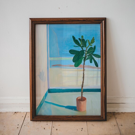Potted Fig Tree By Sea View Window Sunny Balcony Botanical Painting Poster