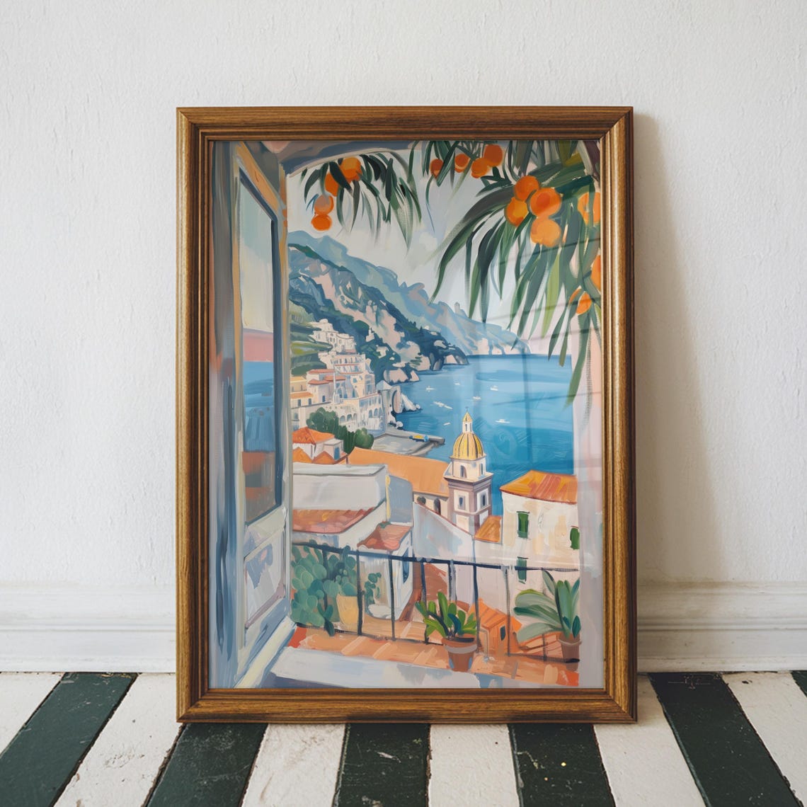Amalfi Coast View Through an Open Window with Oranges Poster