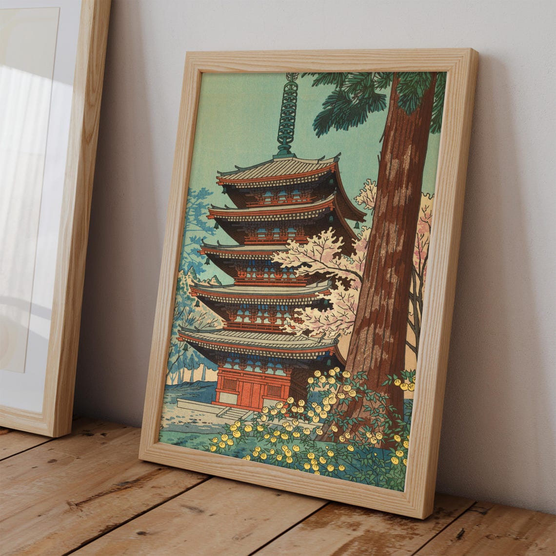 Daigoji Temple Five Story Pagoda Cherry Blossom Woodblock Poster