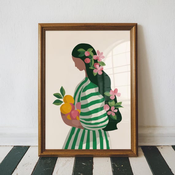 Woman Holding Fruit Abstract People Large Wall Art Contemporary Artwork Minimalist Print Living Room Stripe