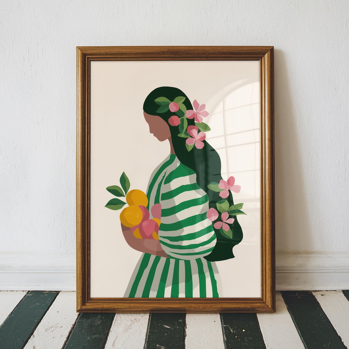 Woman With Citrus Fruits Striped Dress Floral Hair Fashion Illustration Print