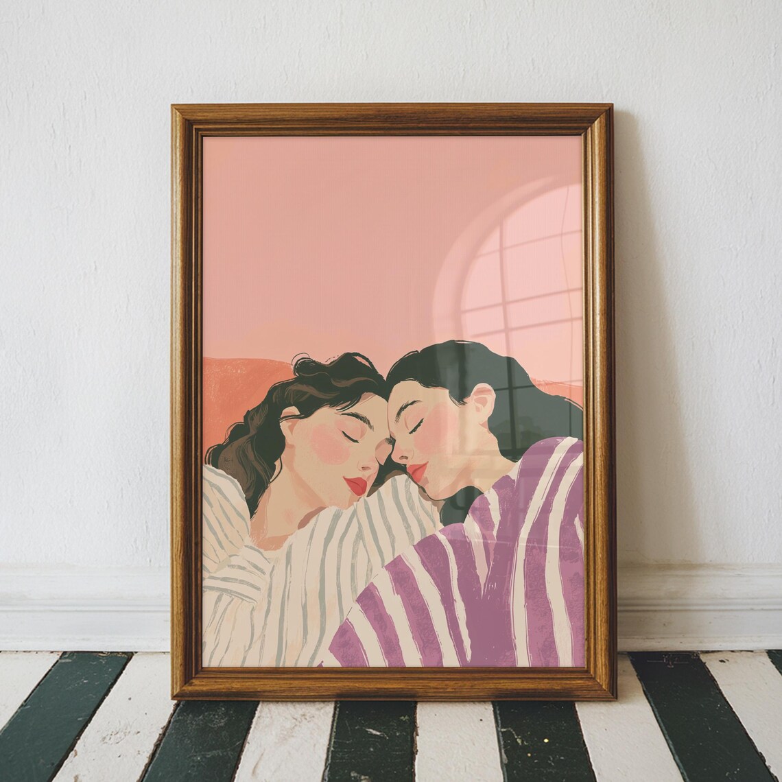 Two Women Resting Together Foreheads Touching Peach Stripe Top Art Poster