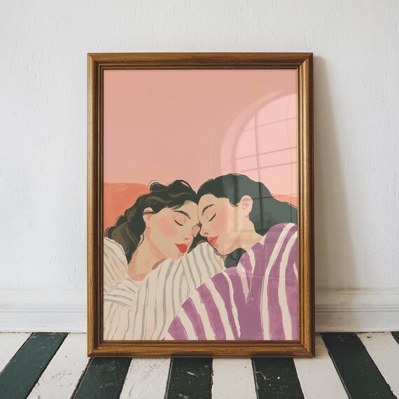Two Women Resting Together Foreheads Touching Peach Stripe Top Art Poster
