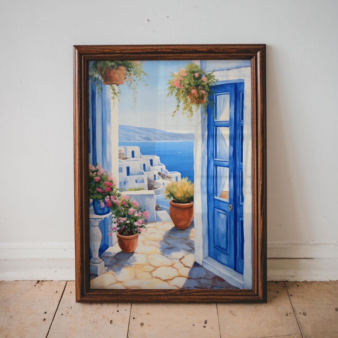 Santorini Blue Doors Greek Island Seaside View Oil Painting Poster