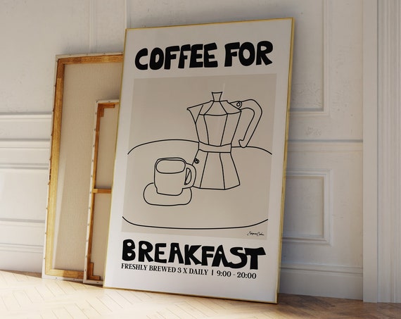 Coffee Breakfast Poster Sketch Moka Pot Food Illustration Black Print Kitchen Art Mid Century Modern