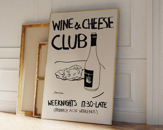 Wine and Cheese Club Retro Kitchen Hand Drawn Line Art Poster