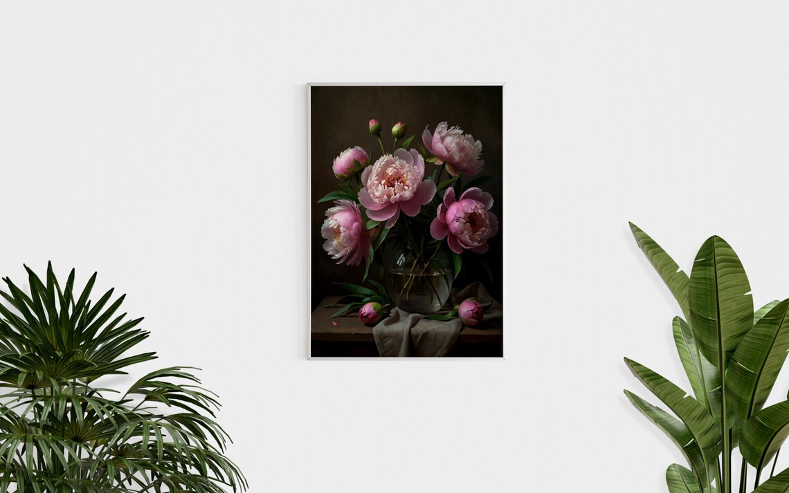 Pink Peonies Glass Vase Oil Painting Dark Background Floral Poster - Image 2