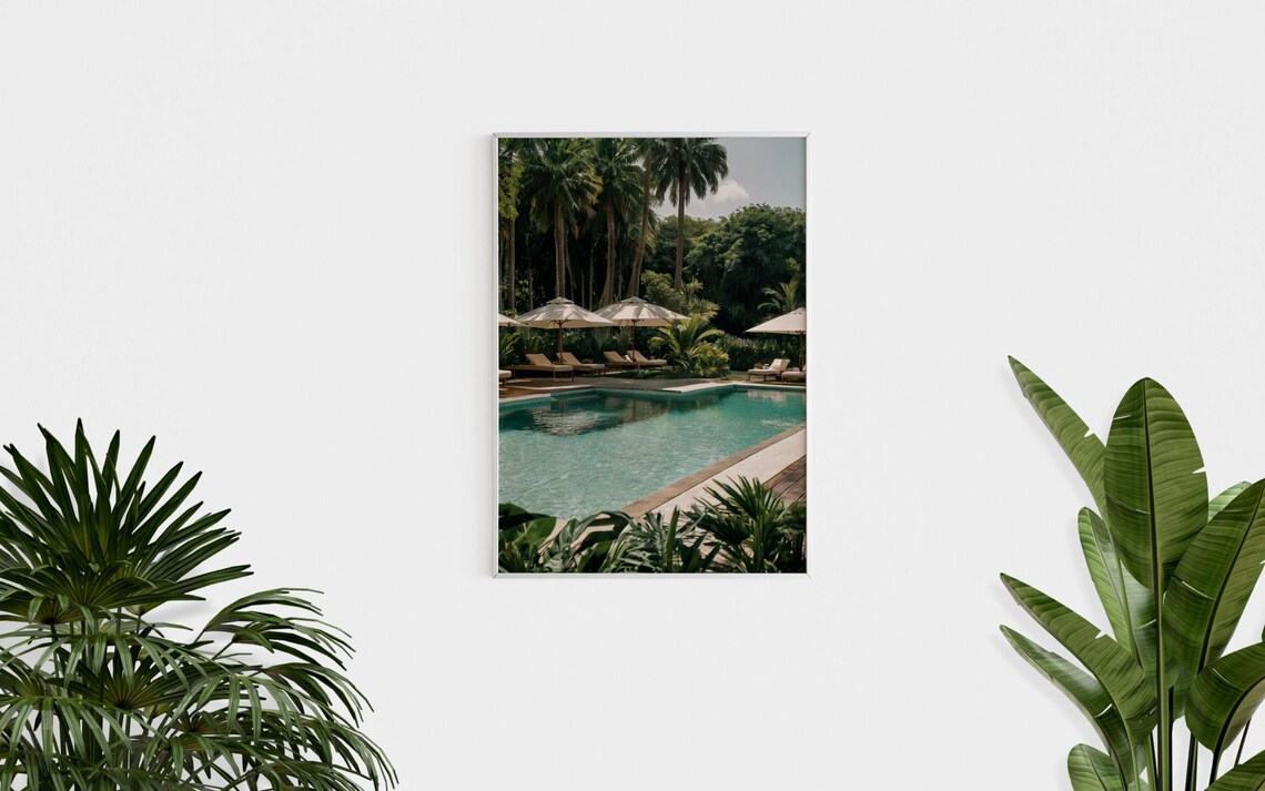 Tropical Resort Pool Palm Trees Turquoise Water Loungers Photo Poster - Image 2