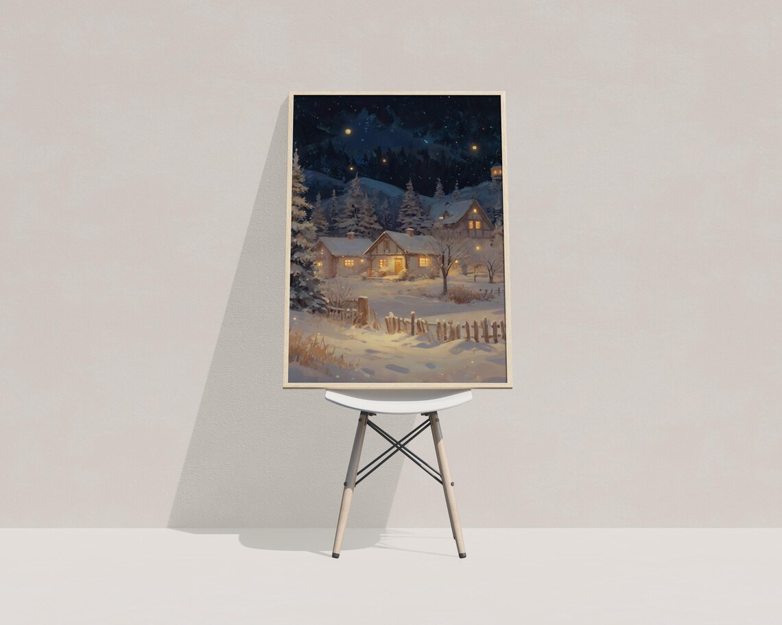 Snowy Village at Night with Glowing Windows and Starry Sky Poster - Image 4
