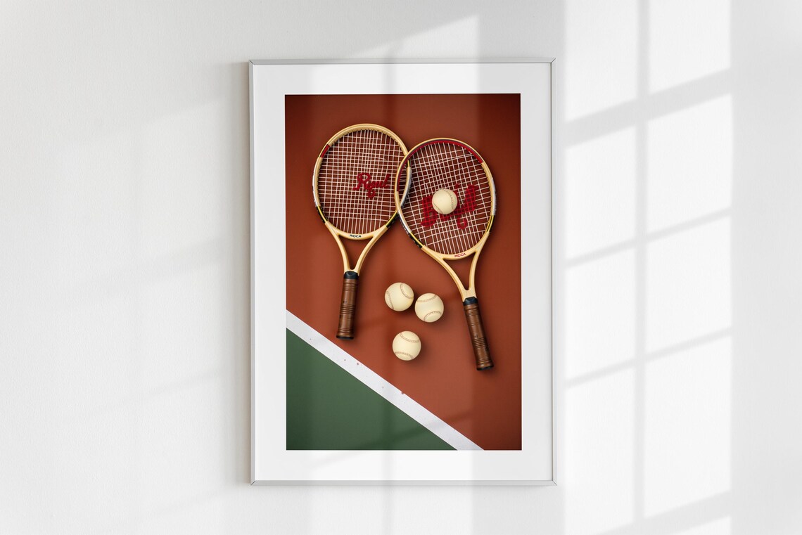 Vintage Wooden Tennis Rackets Crossed Clay Court Balls Sports Poster - Image 6