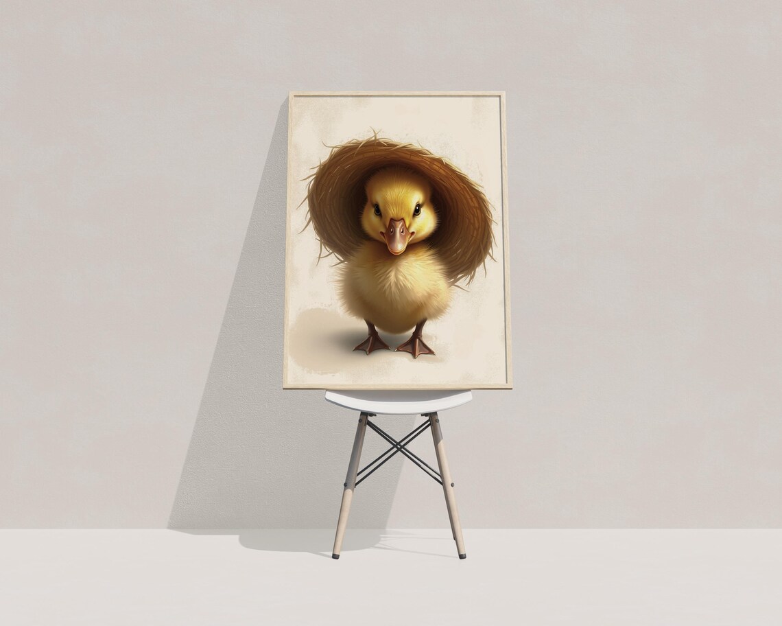Cute Baby Duck Wearing Straw Hat Nursery Farmhouse Wall Art Print - Image 3