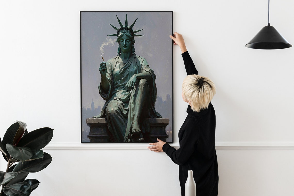 Statue of Liberty Smoking Cigarette Funny NYC Parody Painting Wall Art - Image 2