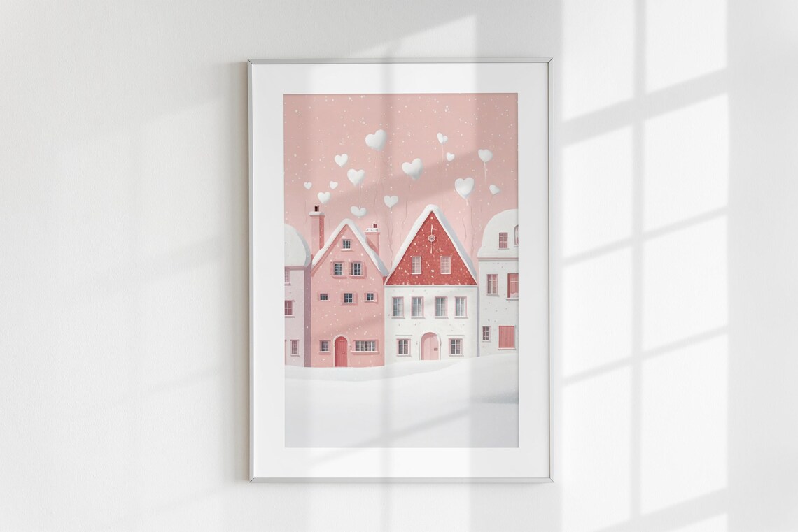 Pink Valentine Village with Heart Balloons Snowy Cute Wall Art Poster - Image 6