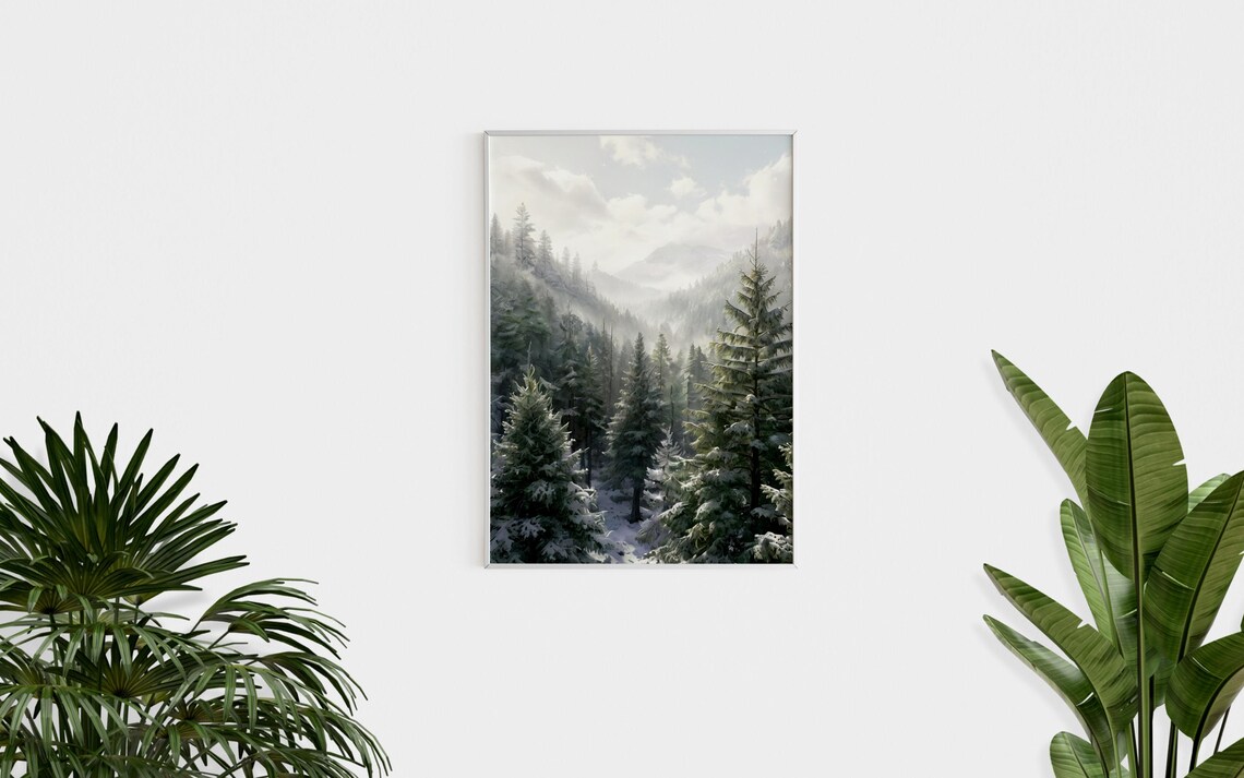 Snow Covered Pine Forest with Misty Mountains Winter Landscape Wall Poster - Image 3
