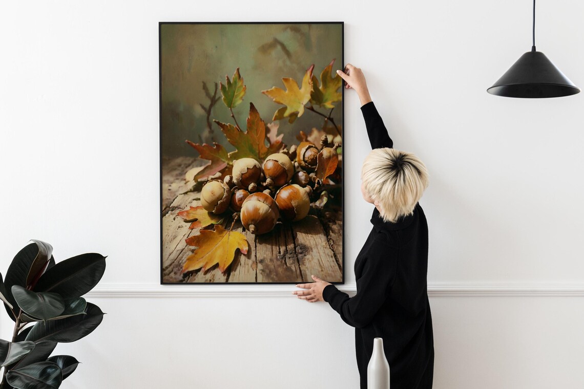 Acorns Autumn Leaves Still Life Vintage Oil Painting Rustic Fall Wall Art - Image 2