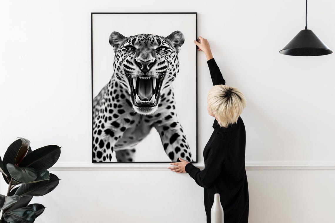 Leopard Roaring Black and White Wild Cat Animal Photography Wall Art - Image 2