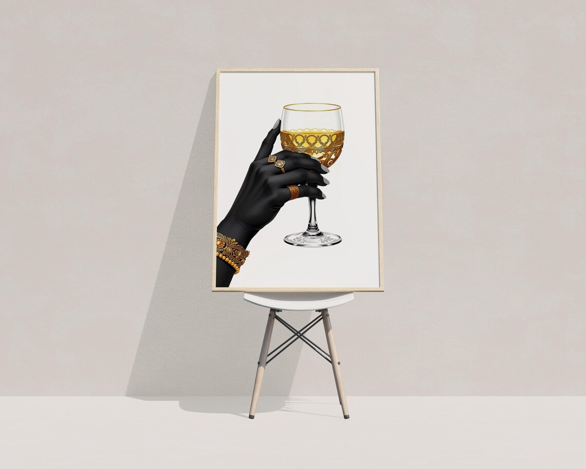 Elegant Hand Gold Wine Glass Rings Jewelry Fashion Illustration Poster - Image 3