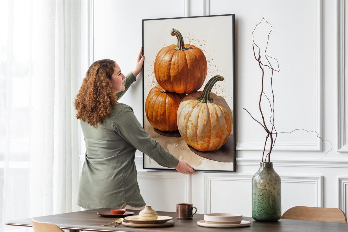 Three Pumpkins Watercolor Still Life Fall Autumn Harvest Wall Art - Image 5