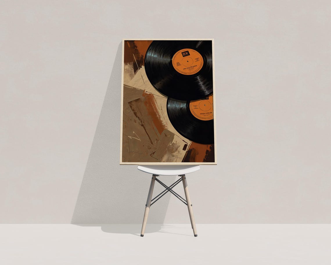 Two Retro Vinyl Records with Orange Labels on Abstract Wall Art Print - Image 4