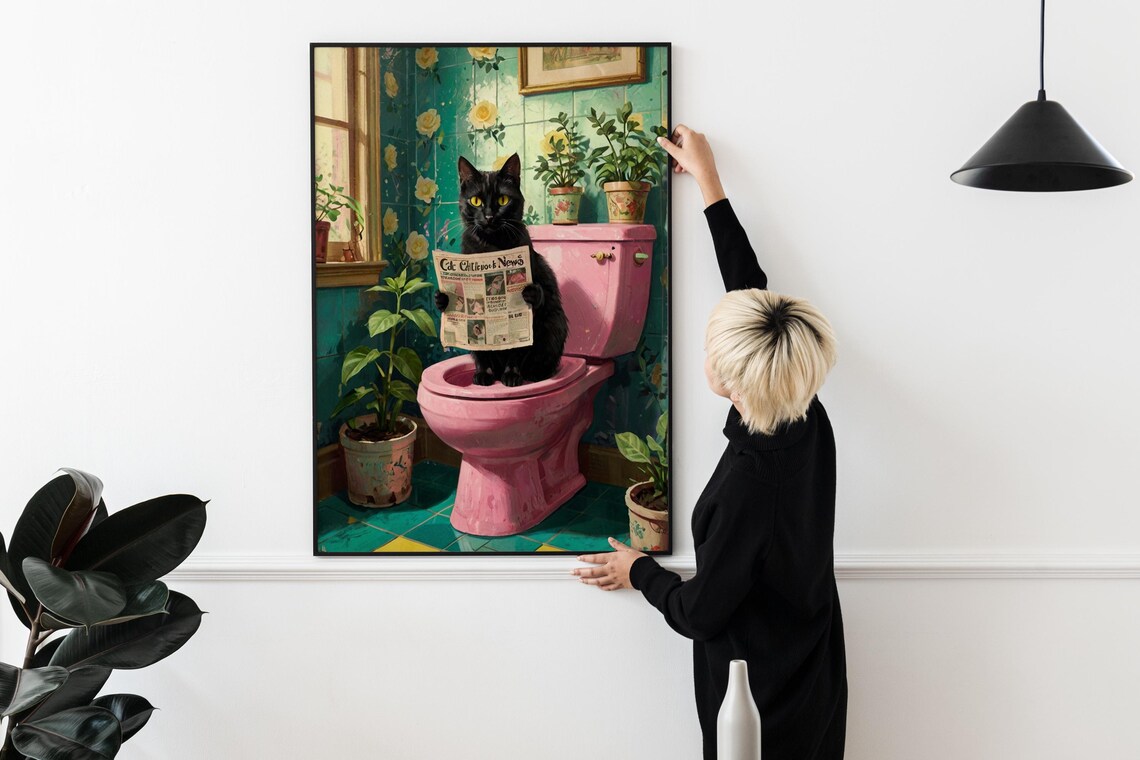 Black Cat Reading Newspaper on Pink Toilet Funny Bathroom Cat Wall Art - Image 2