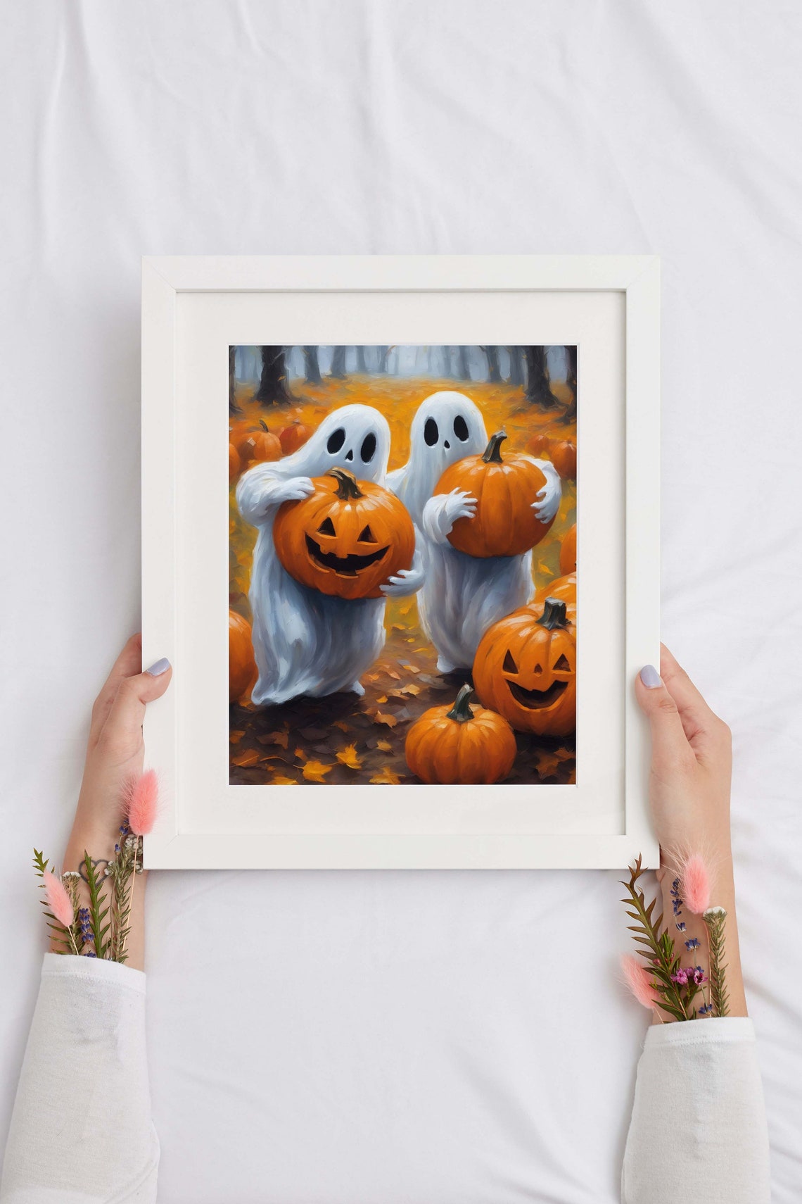 Cute Ghosts In A Pumpkin Patch With Jack O Lanterns Wall Art Spooky Art Print Cute Halloween Art - Image 2