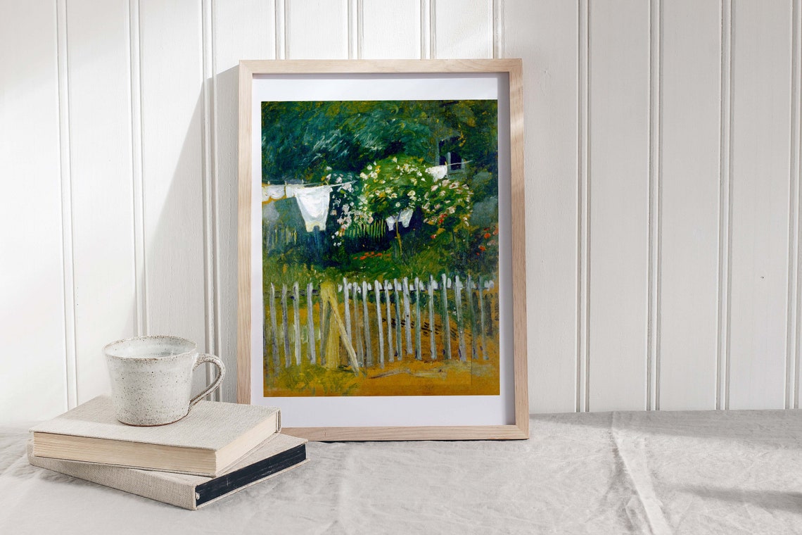Vintage Laundry Line Picket Fence Impressionist Garden Painting Poster - Image 3