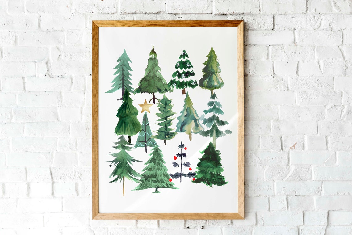 Watercolor Christmas Trees Group Holiday Winter Evergreen Art Print