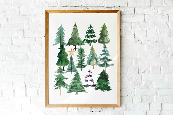 Watercolor Christmas Trees Group Holiday Winter Evergreen Art Print