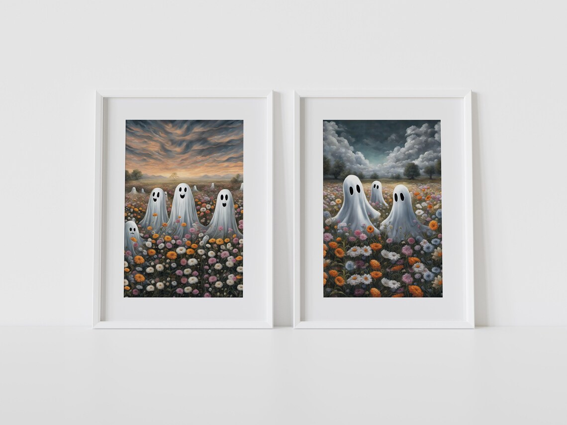 Cute Ghosts In A Flower Field Sunset Halloween Painting Wall Art - Image 2