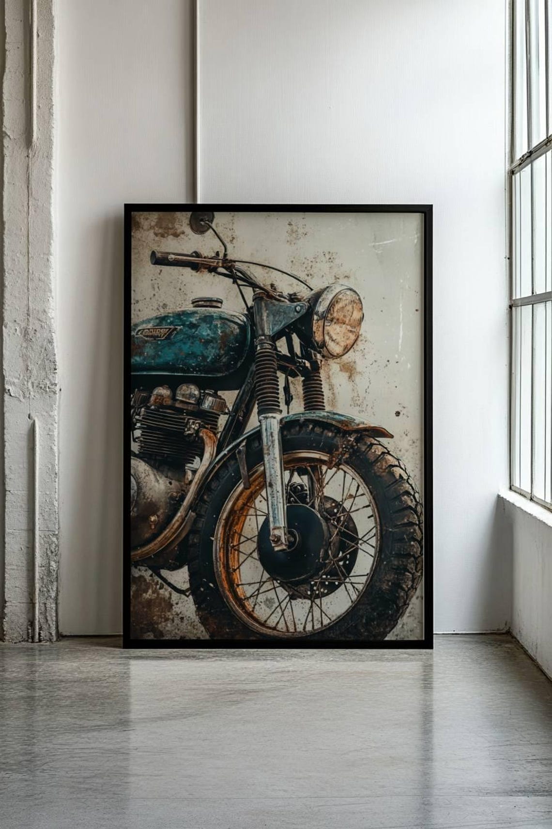 Vintage Weathered Motorcycle Front Wheel Rustic Garage Art Poster