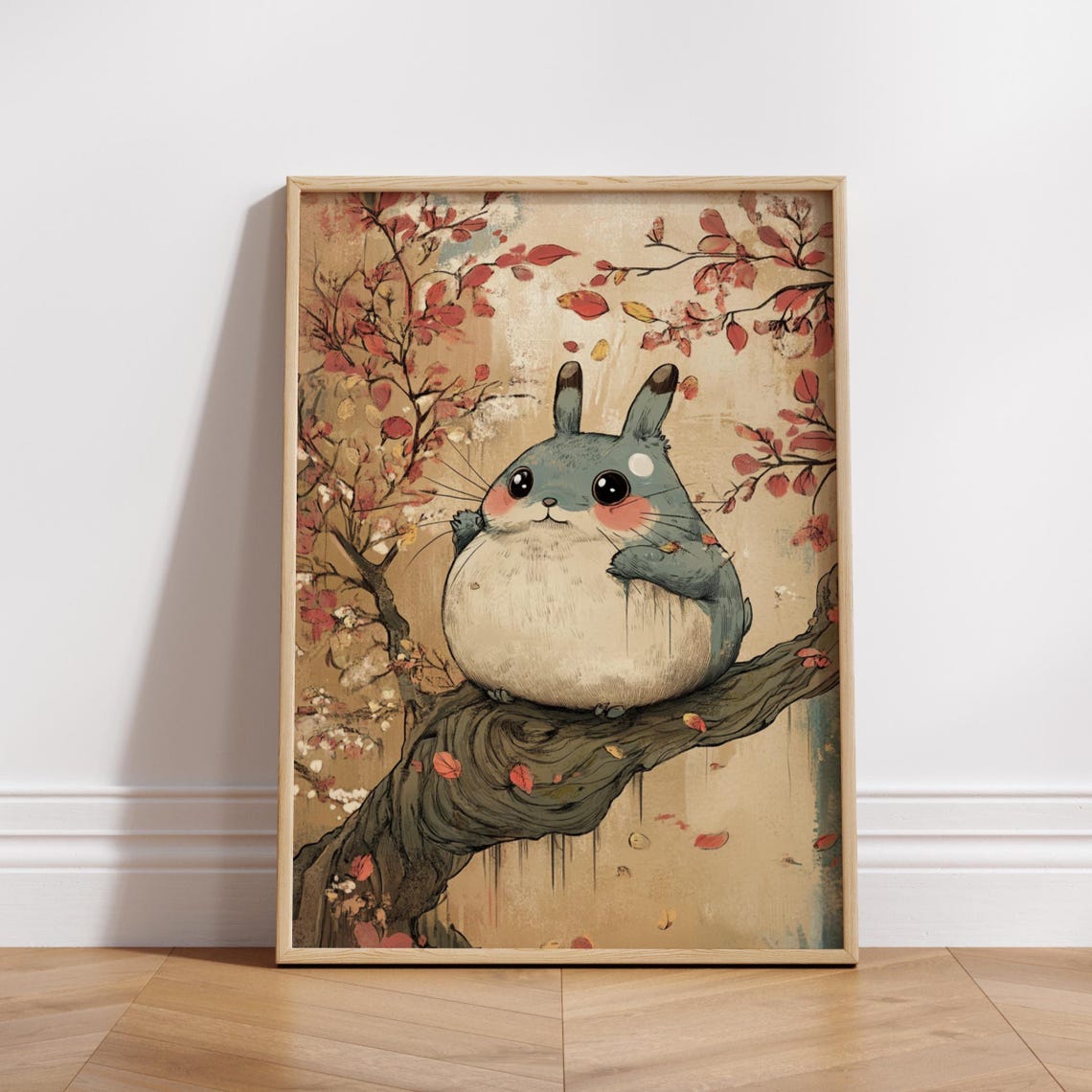 Cute Chubby Woodland Creature on Branch Autumn Anime Style Art Poster