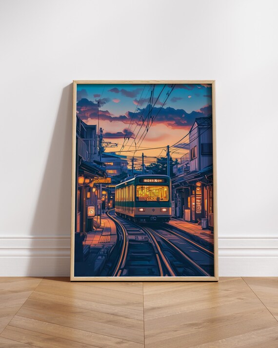 Urban Japan Sunset Train Poster Art Wall Decor Japanese Street Scene Travel Gift Home Office