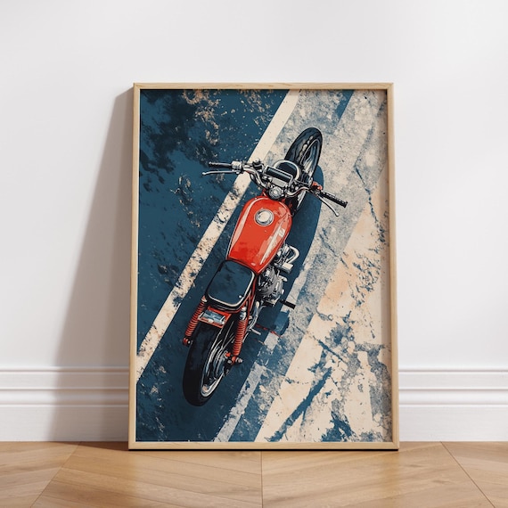 Cafe Racer Overhead Poster Vintage Motorcycle Wall Art Red Bike On Road Print Gritty Moto Decor Gift For Bikers And Riders