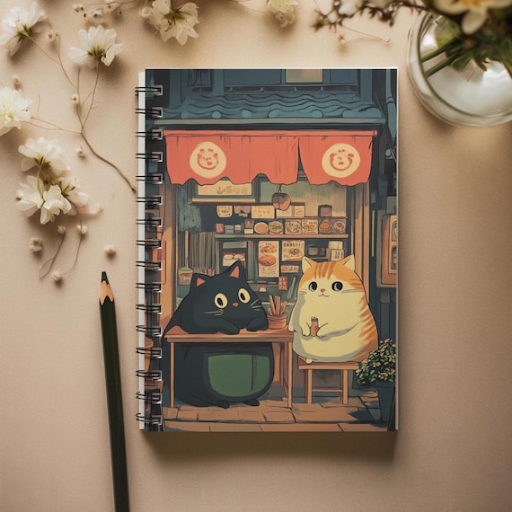 Adorable Cute Cats Ramen Shop Night Cover Art Spiral Notebook Print