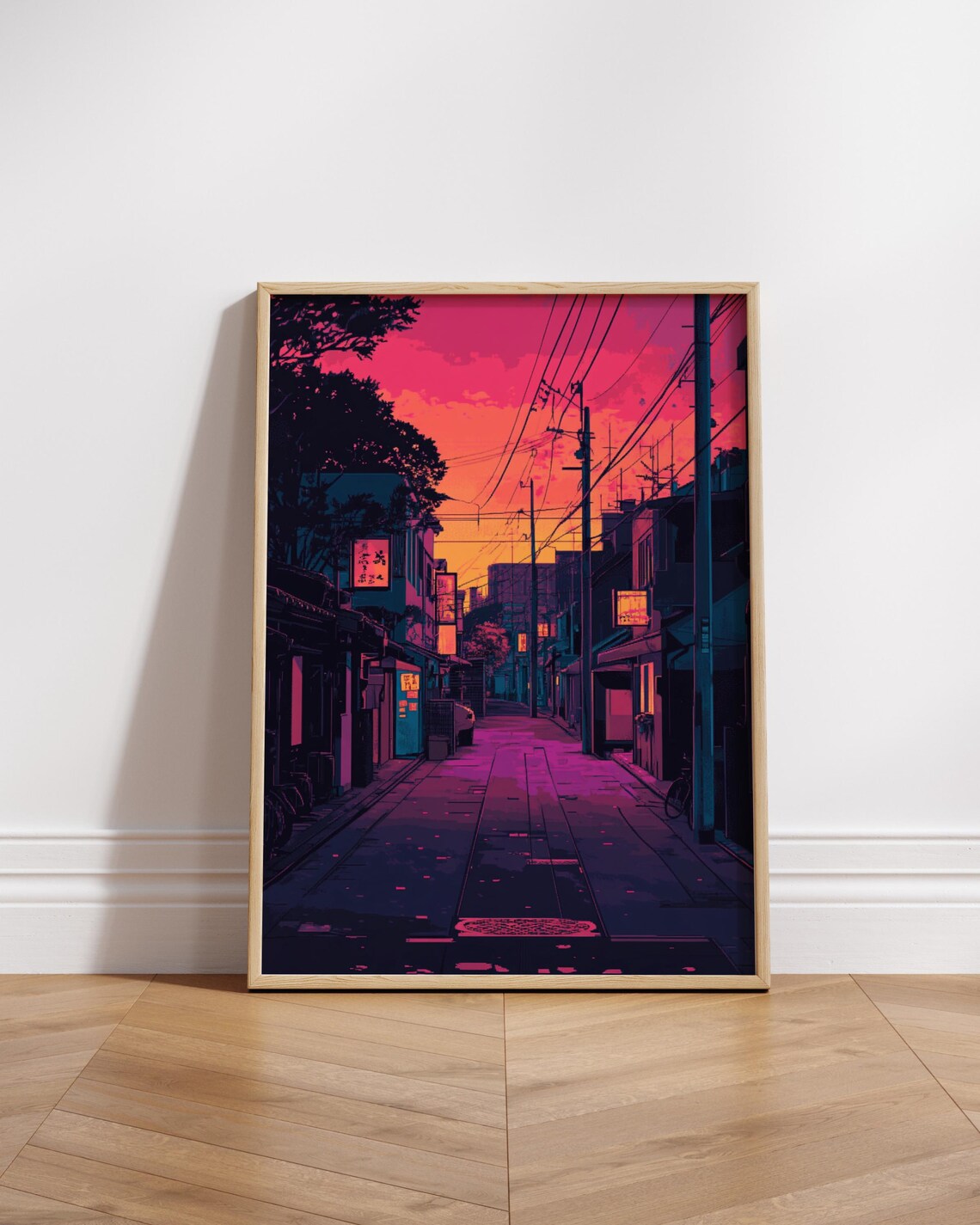 Neon Sunset Japanese Street Retro Anime Cityscape Art Poster
